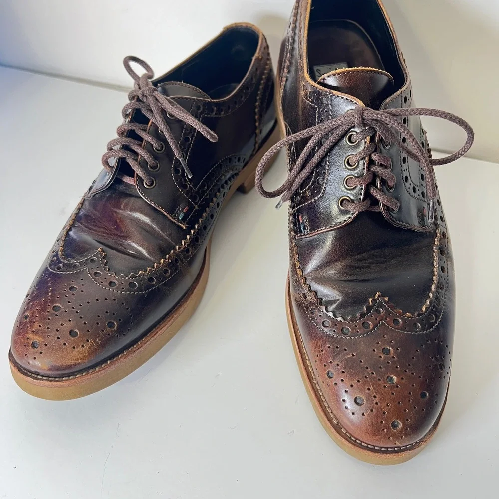 Paul Smith Mens 9 Dark Brown Leather Wingtip Brogue Oxford Shoes Burnished Dress